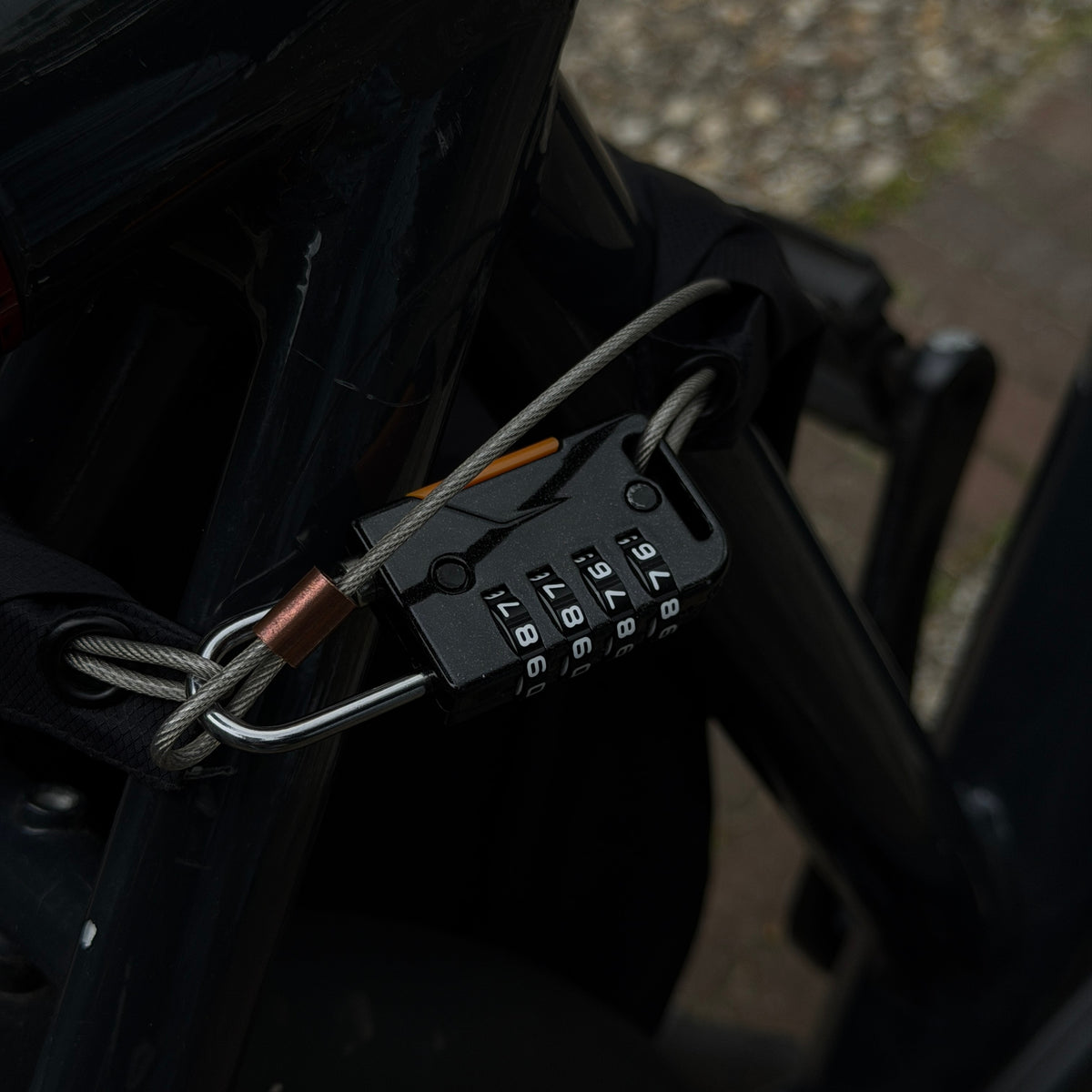 Close-up of Lokko's keyless 4-digit combination lock on a bike frame