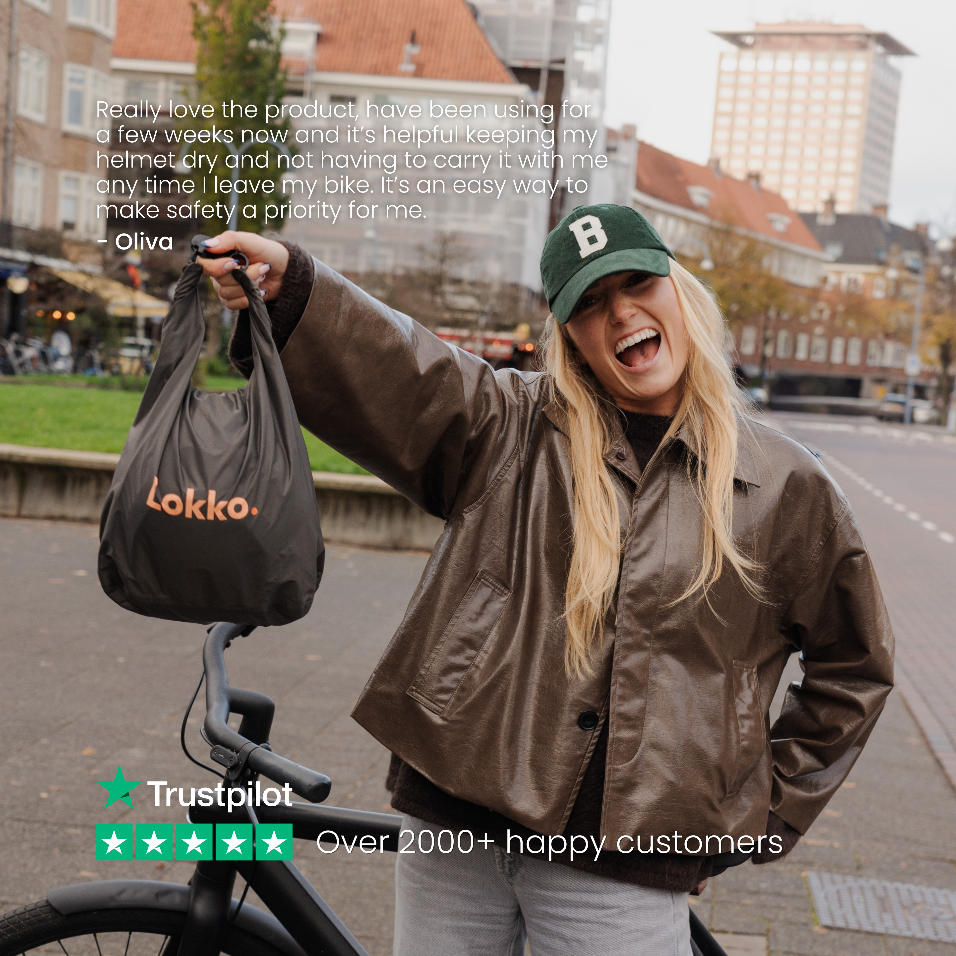 Happy Lokko customer with her helmet bag, rated 4.8/5 by 2000+ cyclists