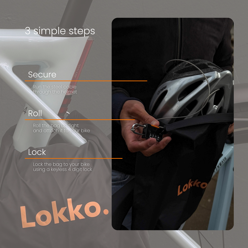How Lokko works in 3 steps: secure the cable, roll the bag, lock it to your bike